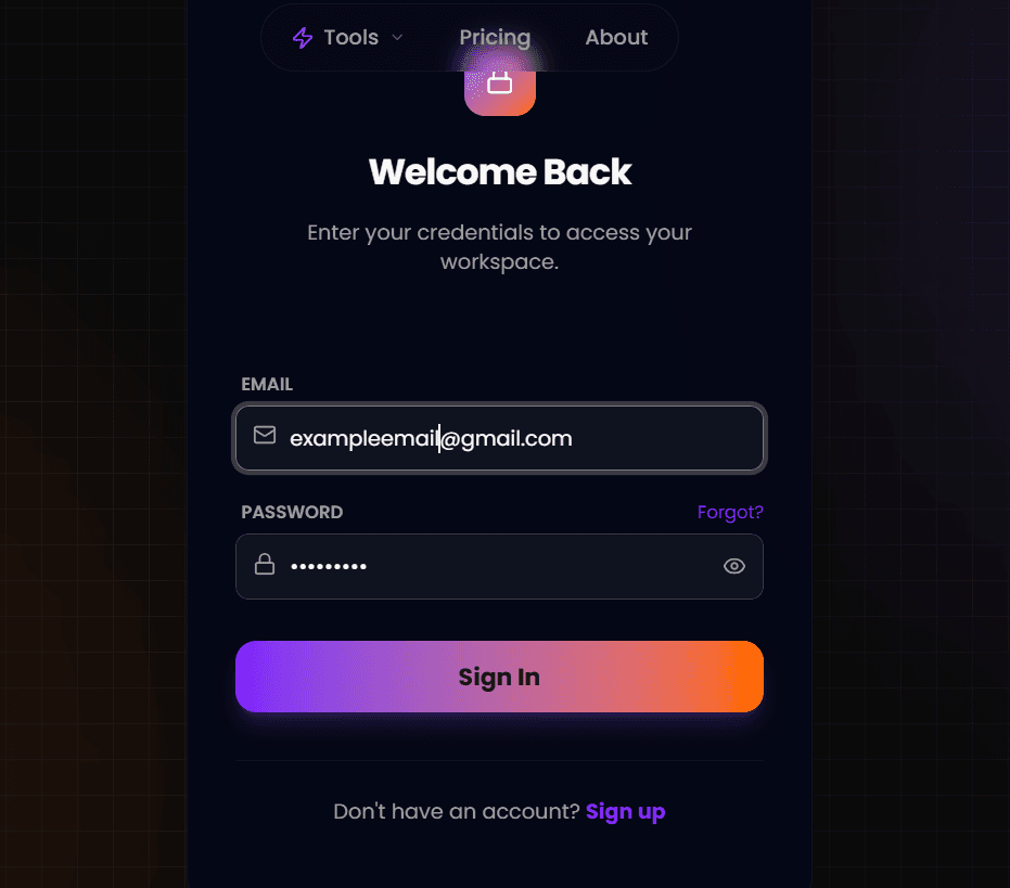 Screenshot of the Login page